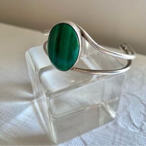 Vintage Mid Century Modernist Sterling Silver Malachite Cuff Bracelet